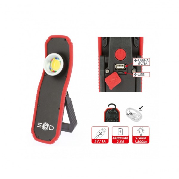 Lampara LED COB Recargable USB con Protección para Polvo 1800 Lumen 2 Intensidades con Base Magnética Rotativa de 180º y Gancho