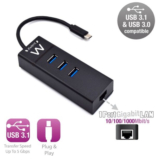 Ewent ew1141 hub tipo-c 3pts.usb 3.1+1pto. gigabit